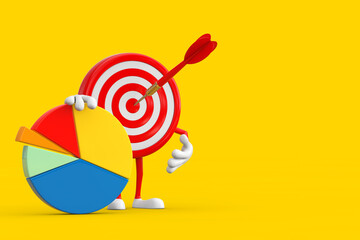 Leinwandbilder - Archery Target and Dart in Center Cartoon Person Character Mascot with Info Graphics Business Pie Chart. 3d Rendering