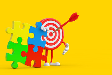 Poster - Archery Target and Dart in Center Cartoon Person Character Mascot with Four Pieces of Colorful Jigsaw Puzzle. 3d Rendering