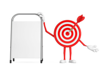 Leinwandbilder - Archery Target and Dart in Center Cartoon Person Character Mascot with White Blank Advertising Promotion Stand. 3d Rendering