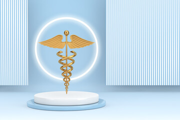 Fototapete - Gold Medical Caduceus Symbol on top of Product Presentation Stage or Pedestal. 3d Rendering