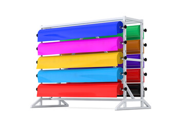 Poster - Multicolor PVC Polythene Plastic Tape Rolls or Foil Samples with Shop Display Rack. 3d Rendering