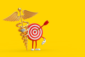 Poster - Archery Target and Dart in Center Cartoon Person Character Mascot with Golden Medical Caduceus Symbol. 3d Rendering