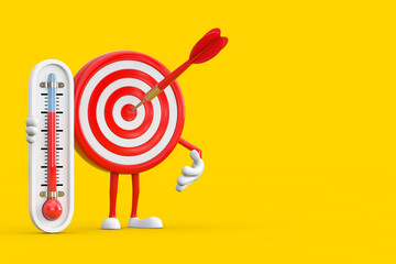 Leinwandbilder - Archery Target and Dart in Center Cartoon Person Character Mascot with Outdoor Thermometer. 3d Rendering