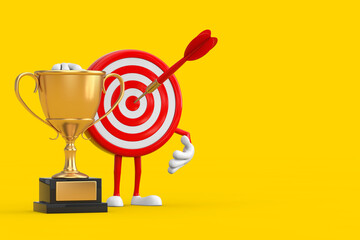 Leinwandbilder - Archery Target and Dart in Center Cartoon Person Character Mascot with Golden Award Trophy. 3d Rendering