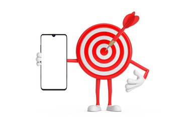 Leinwandbilder - Archery Target and Dart in Center Cartoon Person Character Mascot and Modern Mobile Phone with Blank Screen for Your Design. 3d Rendering