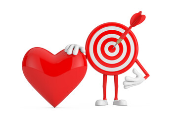 Leinwandbilder - Archery Target and Dart in Center Cartoon Person Character Mascot with Red Heart. 3d Rendering