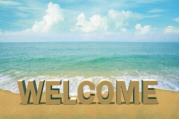 Sticker - Welcome word on background of seaside, summer beach. welcome to the summer.