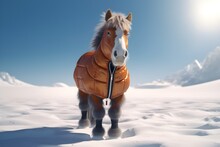 Horse In Bright Sun Wearing Snow Jacket On Snow Background Made With Generative AI