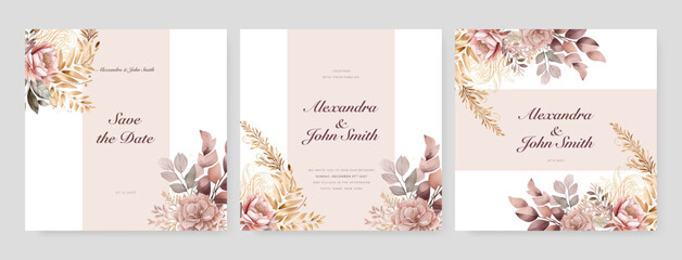 Set of card with flower rose, leaves. Wedding ornament concept. Floral poster, invite. Vector decorative greeting card, invitation design background