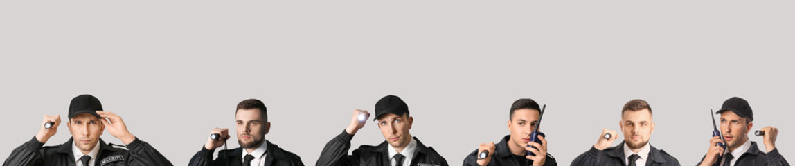 Sticker - Collage of male security guards with flashlights on grey background