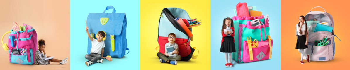 Poster - Set of little students and big schoolbags on colorful background