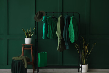 Wall Mural - Interior of dressing room with stylish green clothes and houseplants