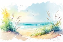 A Watercolor Painting Of A Beach With Sea Oats. Watercolor Summer Background Aquarelle Seascape Created With Generative Ai Technology