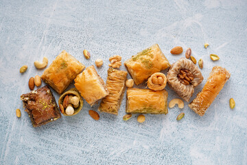 Wall Mural - Tasty baklava on light background