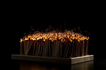 A 3D rendering of matchsticks not yet lit, seen isolated against black. Generative AI