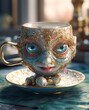 cup, porcelain, magic, with the face of a fairy-tale character, generated in AI