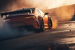 Blurred illustration of car drifting on speed track with burning tires and smoke. Generative AI