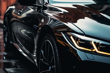 A black sports car is seen up close reflecting its surroundings. Generative AI