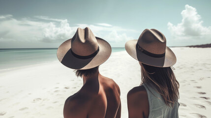 Poster - Couple with sun hats enjoying beautiful views over the ocean. Generative AI