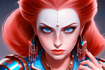 portrait of red haired woman with blue eyes, long earrings blue gold armor matte painting generative