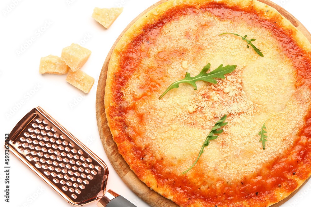 Tasty pizza with parmesan cheese and grater on white background
