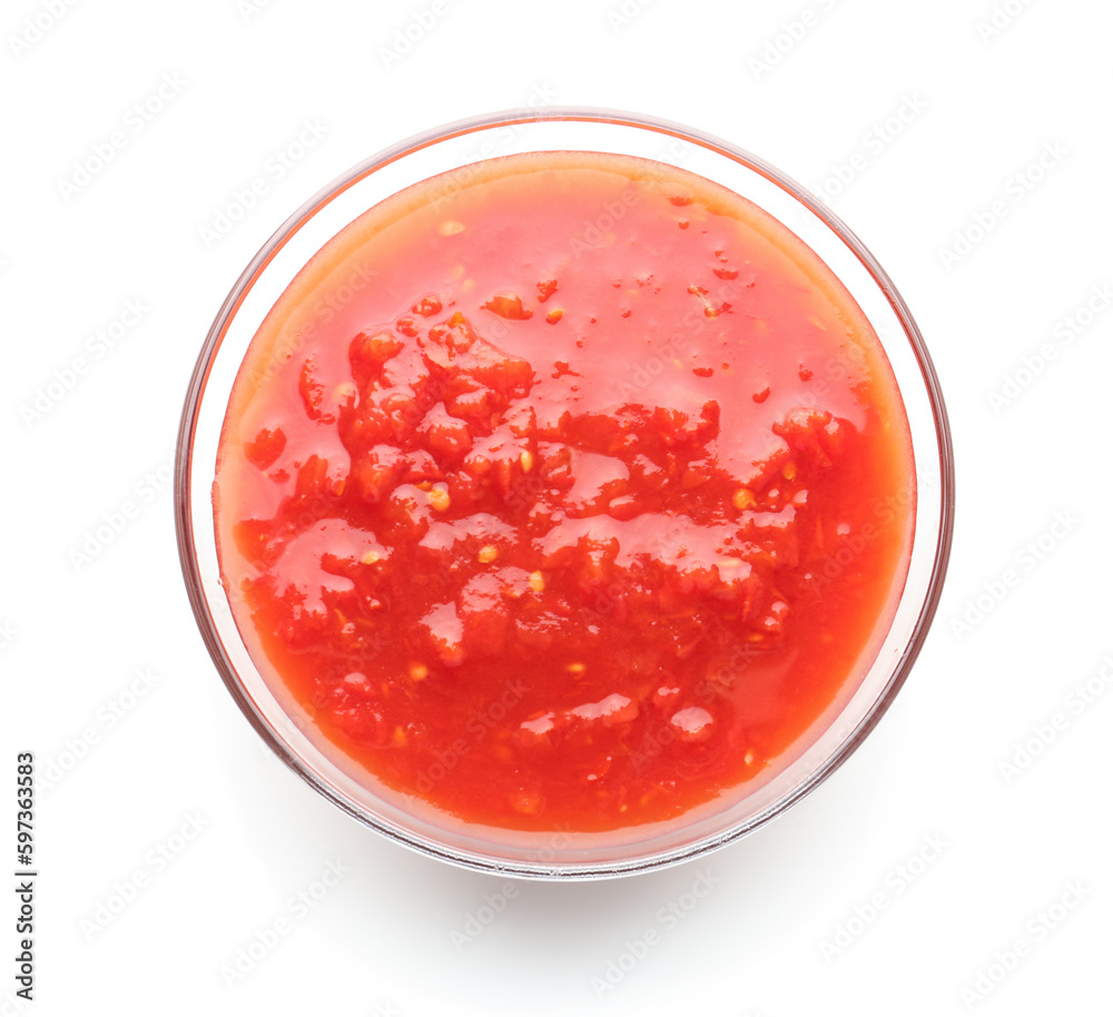 Bowl with tasty tomato sauce on white background