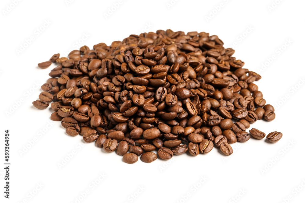 Heap of coffee beans isolated on white background