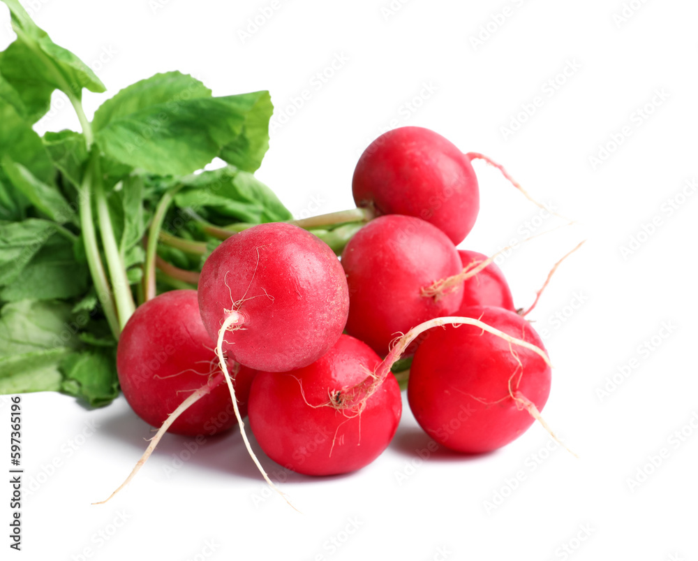 Fresh radishes with leaves on white background