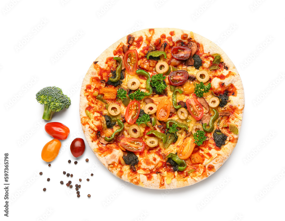 Vegetable pizza with ingredients on white background