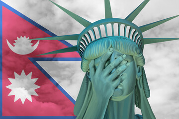 Wall Mural - Statue of Liberty. Facepalm emoji on background in colors of Nepal flag