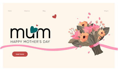 Wall Mural - Happy mothers day illustration with woman holding a Flowers. Thank you card with blooming flowers. Use for Boarding Pass, birthday card, invitations, Birthday card