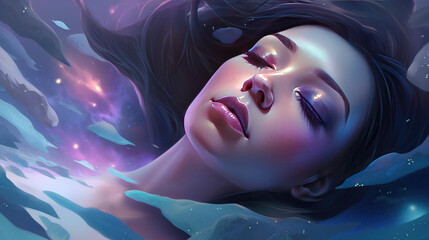 Wall Mural - lucid dreaming astral projection close up woman meditation illustration generative ai