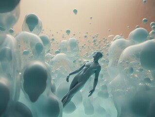 A woman floating in a pool of bubbles. AI generative image. Surreal dreamlike picture.