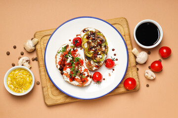 Wall Mural - Toasts with tasty grilled vegetables, top view