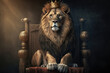 Majestic lion king wearing golden crown sitting on the wooden throne, generative AI