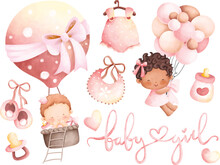 Watercolor Illustration Set Of Cute Baby Girl And Baby Stuff