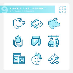 Wall Mural - Grocery store pixel perfect blue RGB color icons set. Food market. Retail business. Meat and poultry. Isolated vector illustrations. Simple filled line drawings collection. Editable stroke