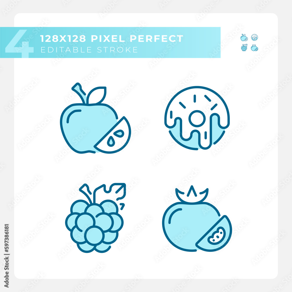 Supermarket items pixel perfect blue RGB color icons set. Eating habits ...
