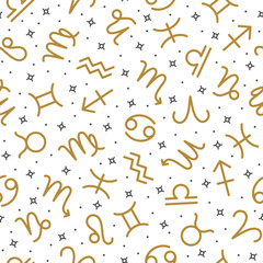 Wall Mural - Golden zodiac signs seamless pattern, horoscope symbols repeating print on white background for fabric, packaging, web page design. Astrology, esoteric, astrological signs vector illustration