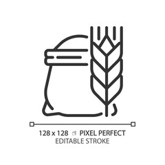 Wall Mural - Flour pixel perfect linear icon. Bag of wheat. Cooking bread. Baking ingredient. Raw agricultural product. Thin line illustration. Contour symbol. Vector outline drawing. Editable stroke