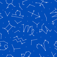Wall Mural - Zodiac signs seamless pattern seamless pattern, celestial constellations repeating print. Astrological, horoscope symbols, constellations of sparkling stars on blue background vector illustration