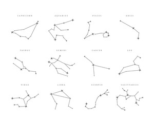 Wall Mural - Set of twelve zodiac constellations, black horoscope signs, stellar bodies. Capricorn, Aquarius, Taurus, Aries, Gemini, Cancer constellations of stars, astrological symbols vector illustration