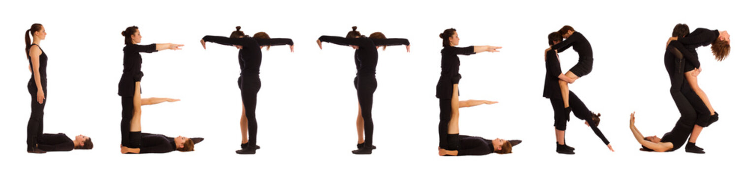 Black dressed people forming LETTERS word over white