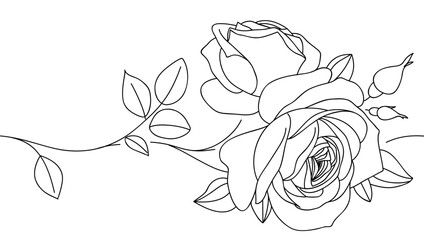 Aufkleber - Abstract seamless decorative horizontal border element with rose and leaf. Beautiful blossoming hand drawn flower on white background. Line art for frame design. Vector stock illustration	