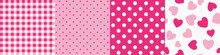Set Of Decorative Seamless Red And Pink Pattern Plaid, Polka Dot And Heart Shape. Vector Illustration. Wrapping Template For Mother's Day Gift.	
