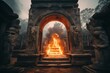 Image of a flaming magical stone portal, encircled by ancient statues, culturally significant monuments, an altar, and idols, leading to a parallel world. Generative AI