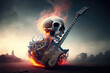 Skull with burning fire playing heavy metal on eletric guitar (Generative AI)