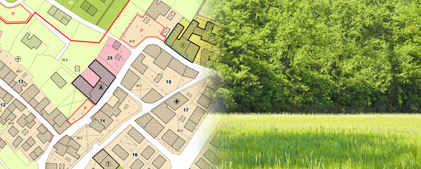 Public parks in urban areas - concept with imaginary General Urban Plan with urban destinations, buildable areas a land plot on a rural scene