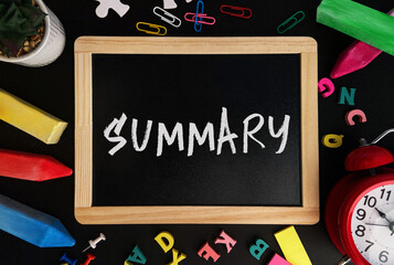 Poster - Wooden board with Summary text on a background of various colorful subjects