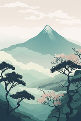 Minimalistic Japanese spring mountains for a poster. Asian art. conceptual design. decor. pastel colours. pink. illustration created with ai